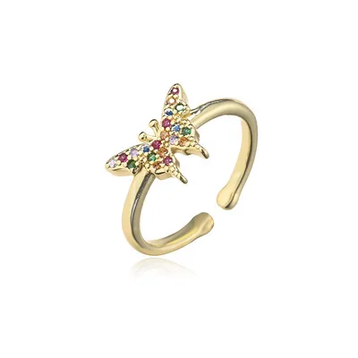 

Simple Lovely Butterfly Shape Zircon Rings Real Gold Plating Colorful Cubic Zirconia Butterfly Opening Rings For Women