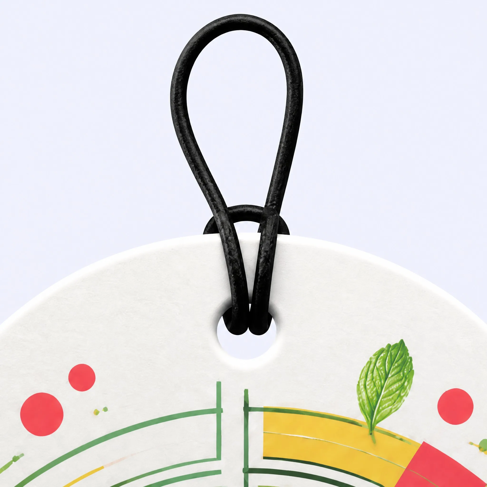 Top Detail of Watermelon Air Freshener with Elastic Cord Loop, Spearmint Leaf, and Pop Color Blocks