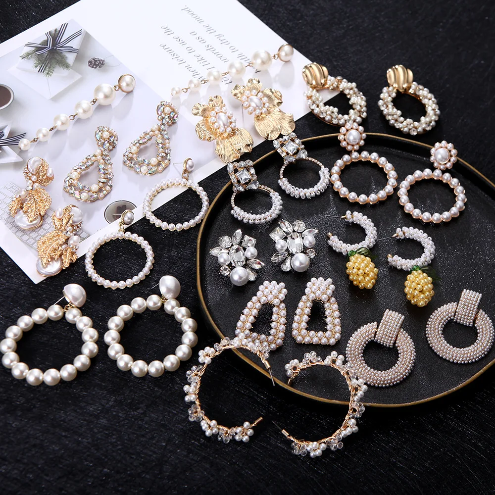 

Dvacaman Custom Trendy Crystal Rhinestone Pearl Geometric Hoop Tassel Earrings Jewelry For Women, Picture shows