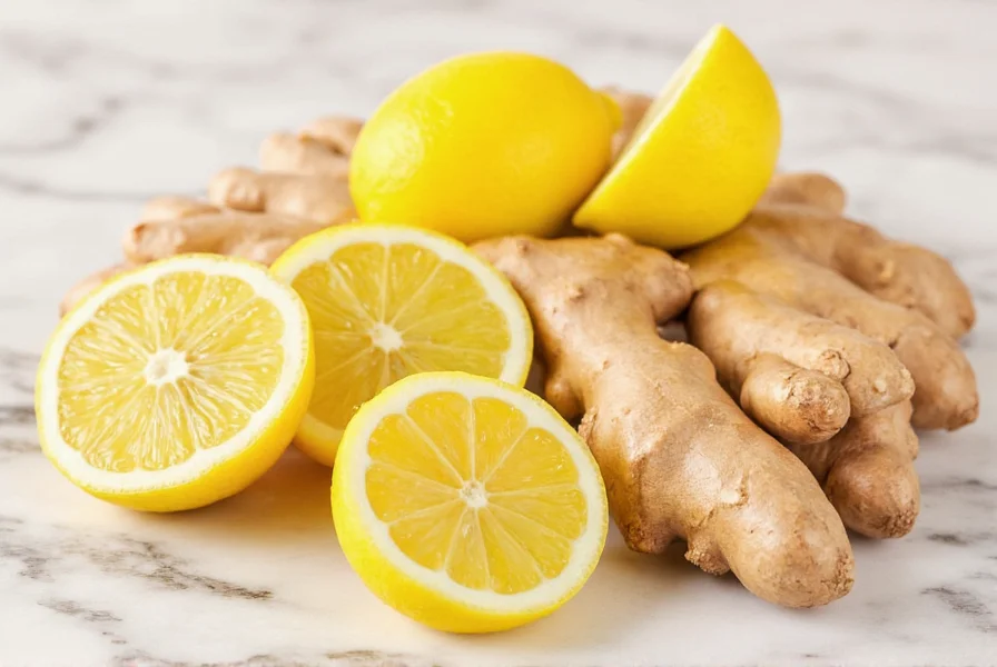Fresh ginger root and lemon slices in a glass of water