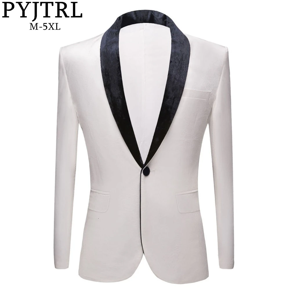 

PYJTRL Men's Fashion Autumn Winter Pure White Velvet Slim Fit Blazer Wedding Groom Prom Dress Suit Jacket Stage Singer Costume