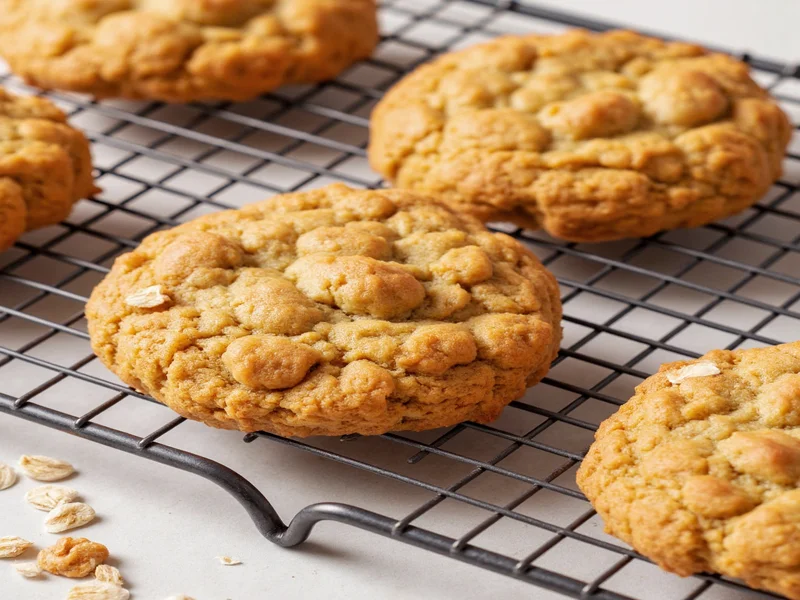Golden oatmeal raisin cookies cooling on wire rack