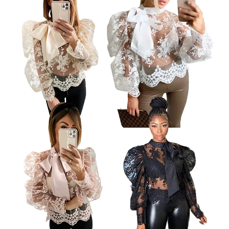 

Sexy Lace Mesh See Through Ladies' Blouses and Tops Bow Woman Blouses Fashion FM-8302 2020 Spring Shirt / Blouse for Women Short