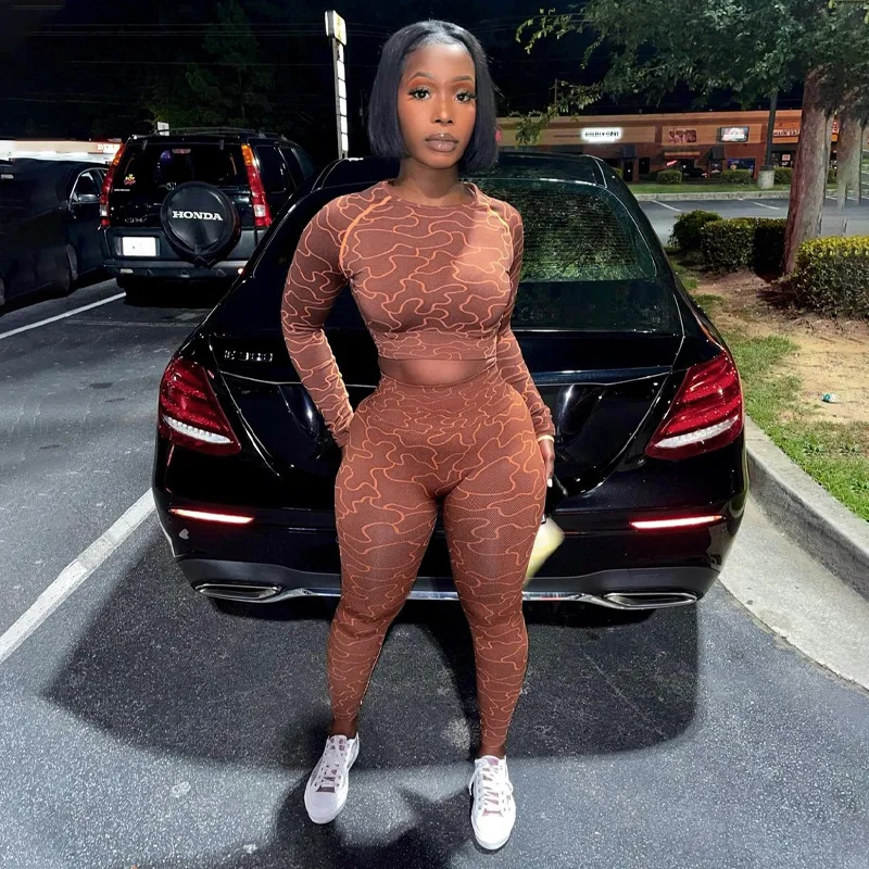 

Custom Logo 2021 Fashion Women Clothes Long Sleeve Tight Print Casual Two Piece Pants Sets, Picture color