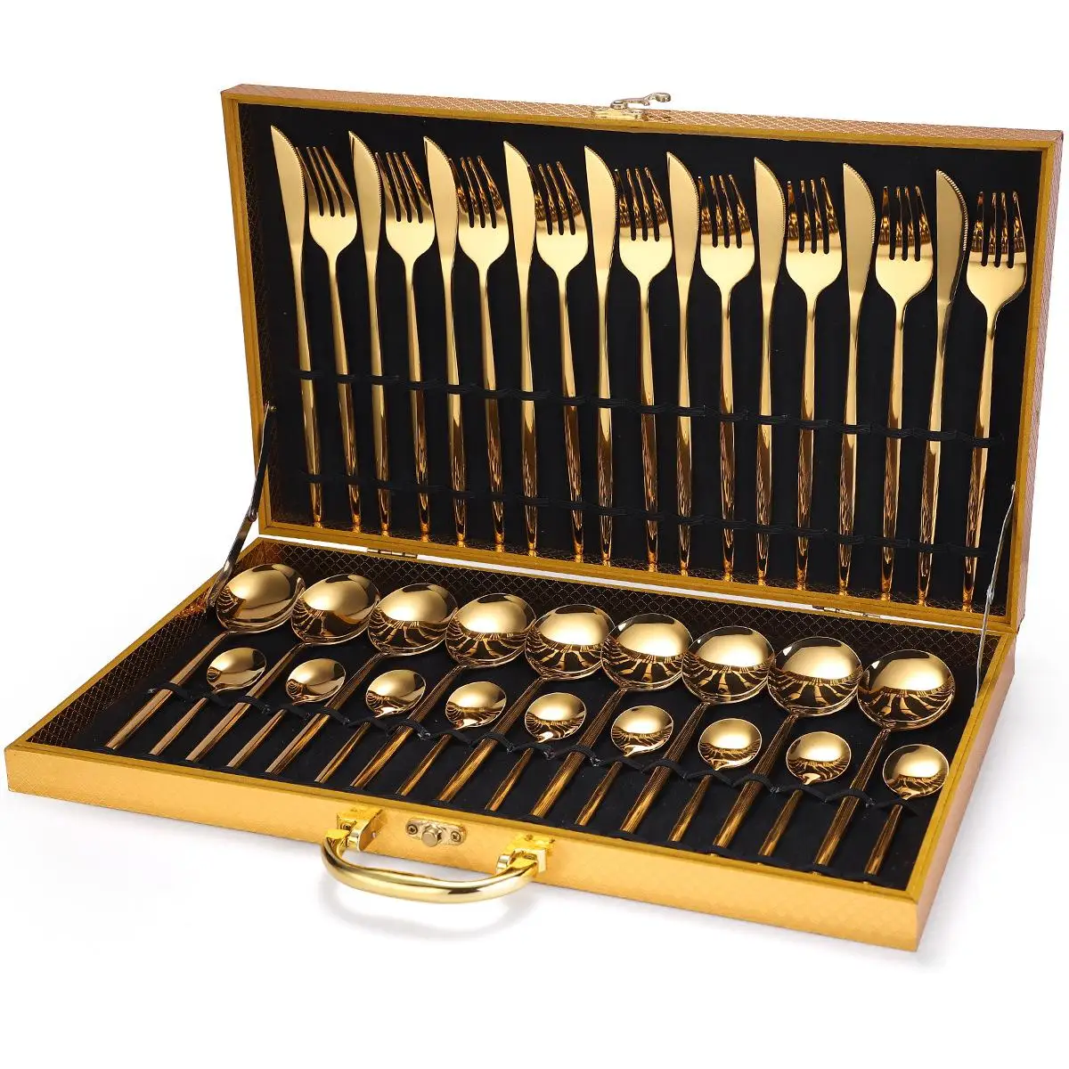 

24pcs Gold Dinnerware Set Stainless Steel Tableware Set Knife Fork Spoon Luxury Cutlery Set Gift Box Flatware Dishwasher Safe, Sliver glod black