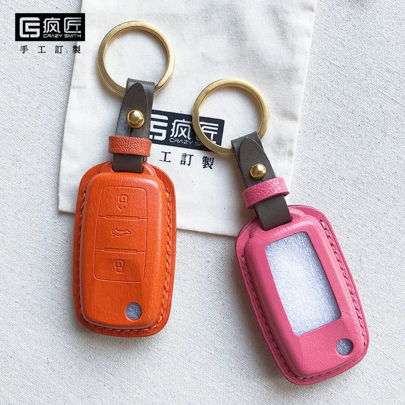 

2021 NEW High Grade Handmade Craft Gift Genuine Leather Smart Car Key Case Cover for Volkswagen Sagitar\Bora\Tiguan\Wei collar\, 17 color available
