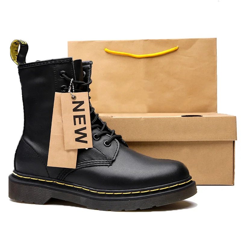 

2021 New Style Genuine Leather Shoes Work Boots Classic Flat Boots Men Botas Waterproof and keep warm Ankle Boots in Stock, Black