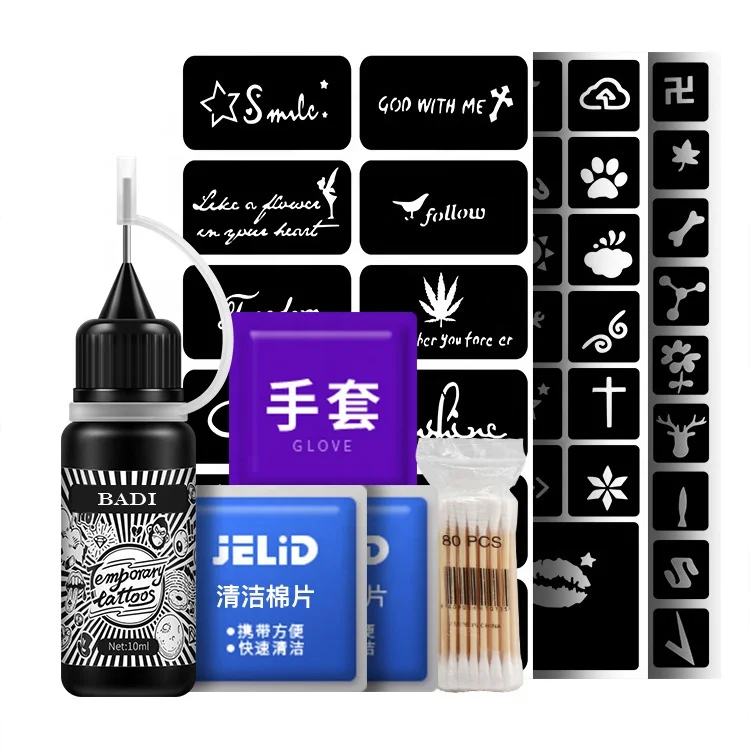 

Cool Safe 2 Weeks Temporary Tattoo Kit Private Label Transparent Waterproof Temporary Tattoo Gel With Tattoo Sticker For Body, Transparent first, then blue black