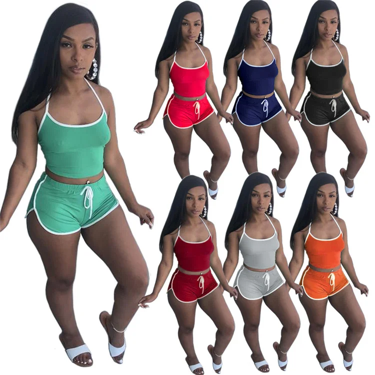

2020101911 Summer Women's Cotton Sweatsuit Set Solid Color 2 Piece Jogging Suit Women Two Piece Short Pants Set