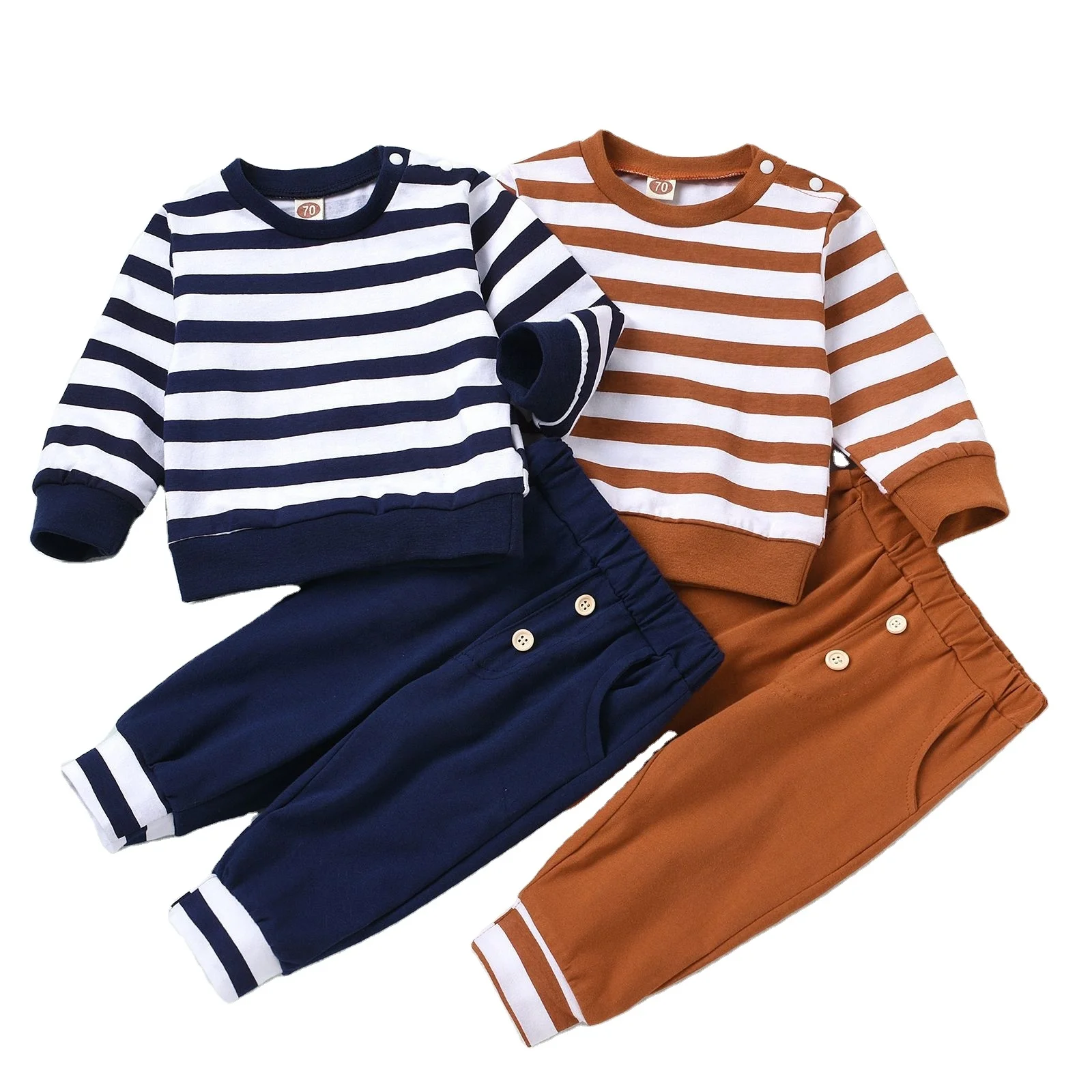 

2021 Spring Autumn Winter Toddler Boys Girls 2PCS Striped Long Sleeve Top Buttons Pants Infant Outfit Baby Clothing Sets