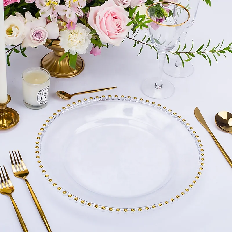 

wholesale cheap vintage rose gold silver rimmed plastic acrylic clear glass beaded charger plates wedding set decorative trays, Customized color