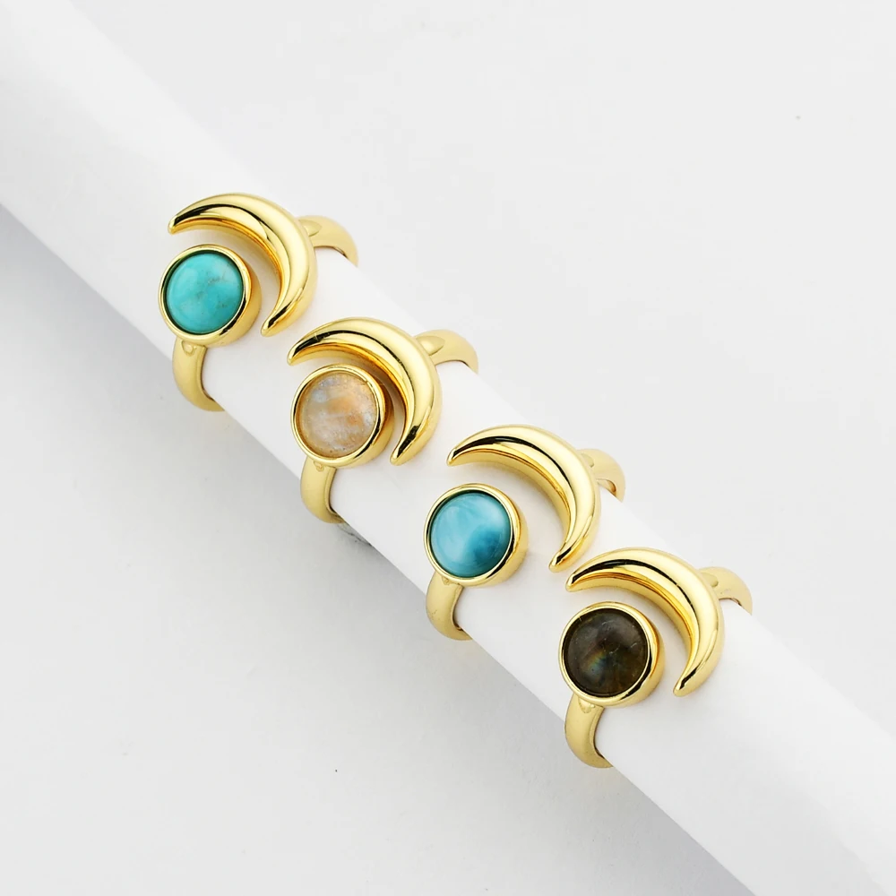 

ZG0454 Gold Plated Moon and Sun Moonstone chunky rings Larimar open ring