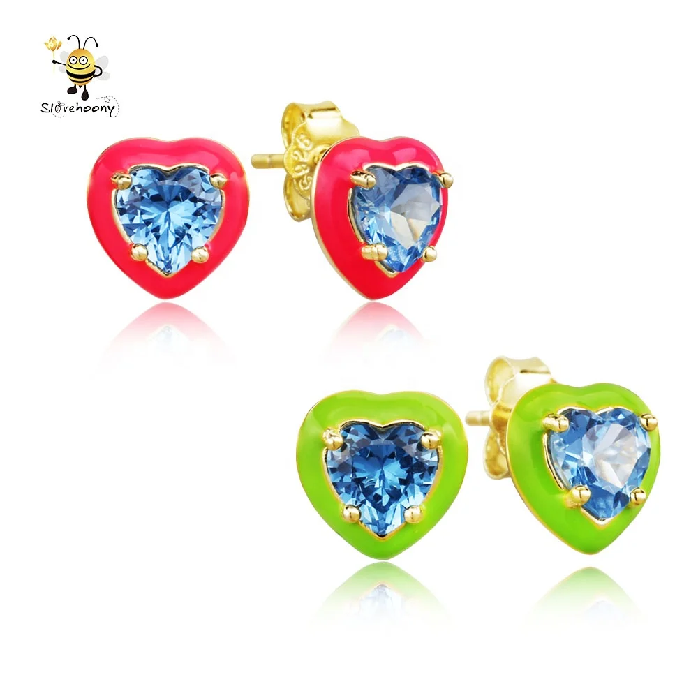 

Slovehoony Enamel Love Heart Stud Earrings Colorful Candy Heart Earrings Blue Stones 925 Sterling Silver For Women 2021 Jewelry, Silver/18k gold / rose gold