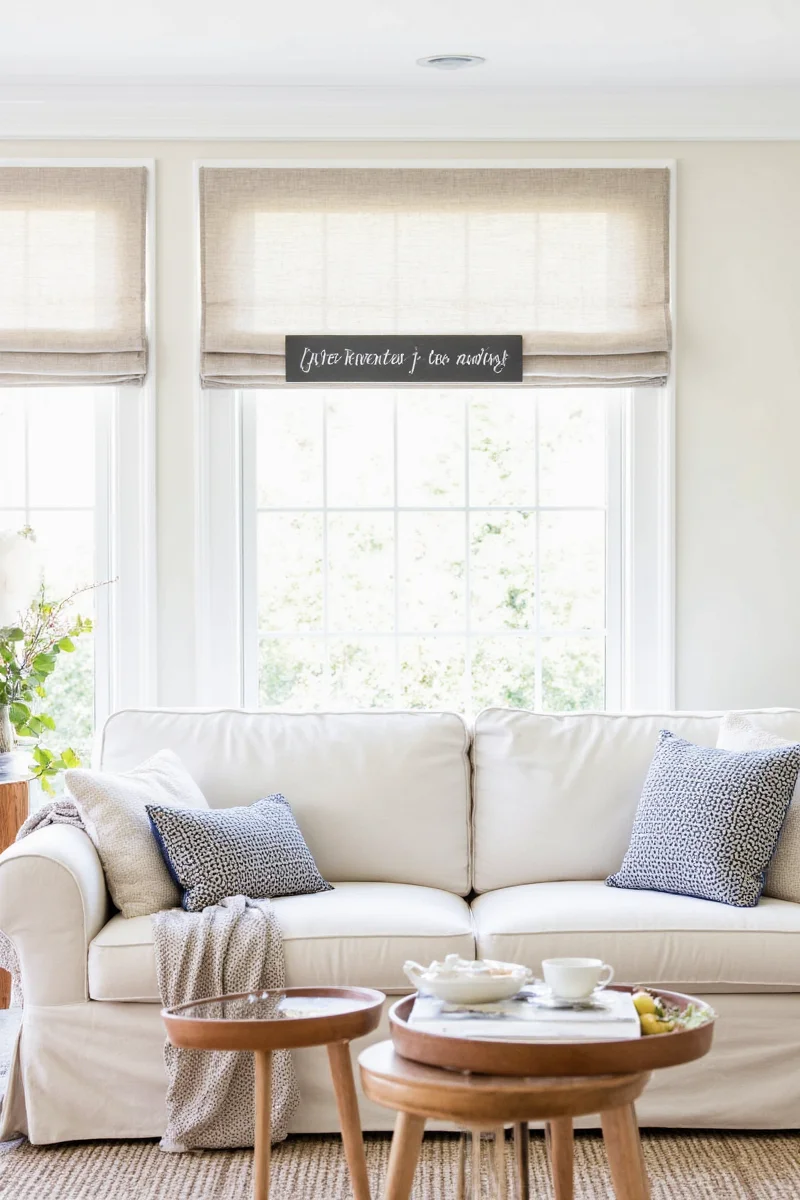 Family room styled with Pottery Barn Slipcover Sofa and decorative pillows