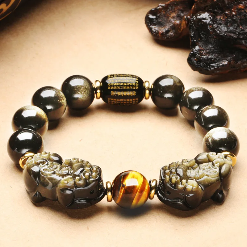 

Natural Mexican Obsidian Double PIYAO Bracelet 10mm 12mm 14mm 16mm Tiger Eye Stone Men's and Women's Bracelets, 10 different color
