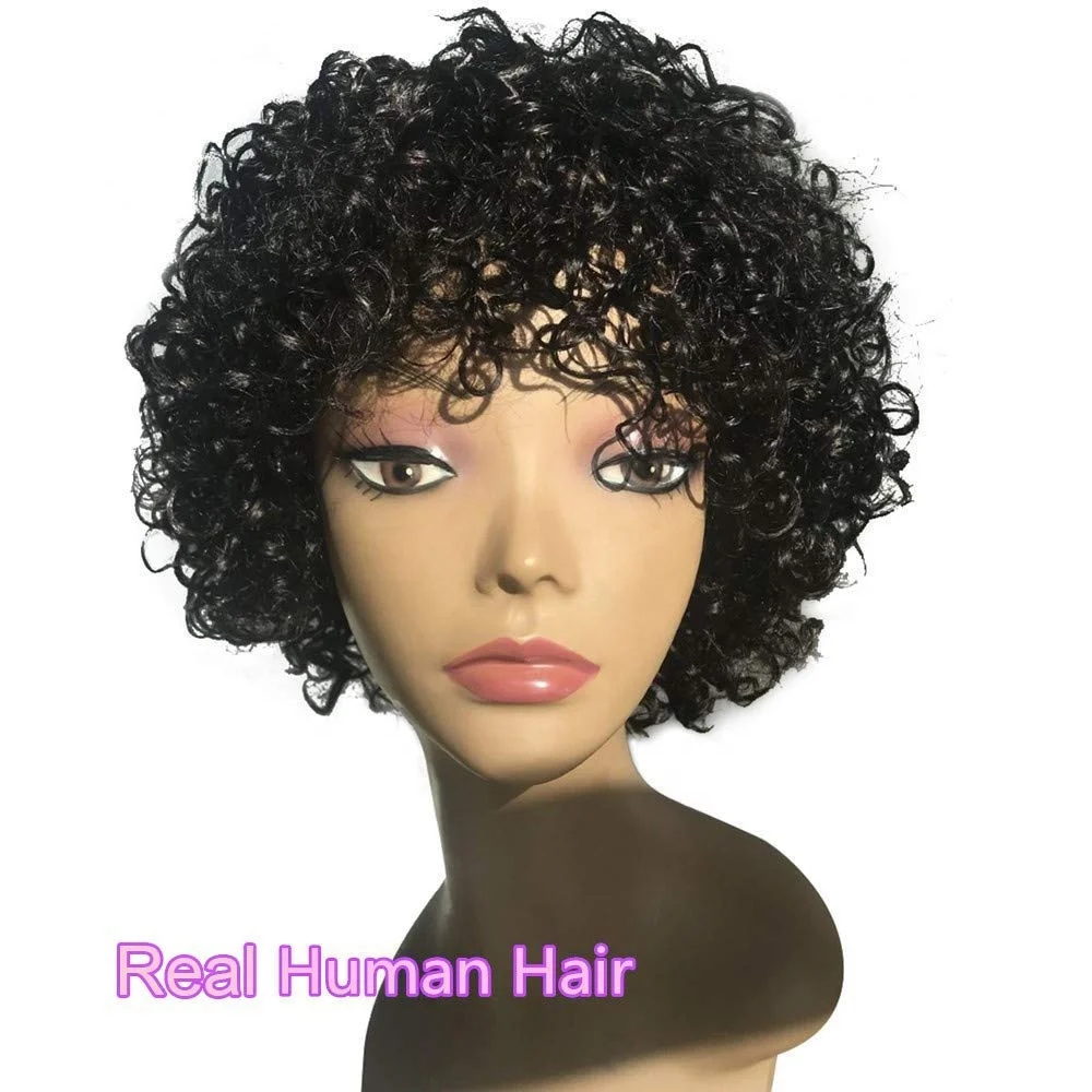 

RSHOW Scalp Base Top Full Machine Made Cheap Jerry Mongolian Curly Human Hair Wigs Short Remy Brazilian Pixie Wigs With Bangs