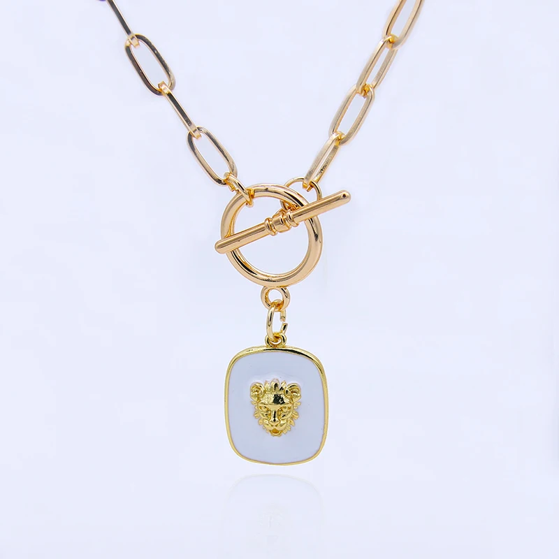 

Luxury Square Enamel Lion Head Necklace Pendant Gold Color OT Clasp Multiple Color Dripping Layering Necklace For Women, Picture shows