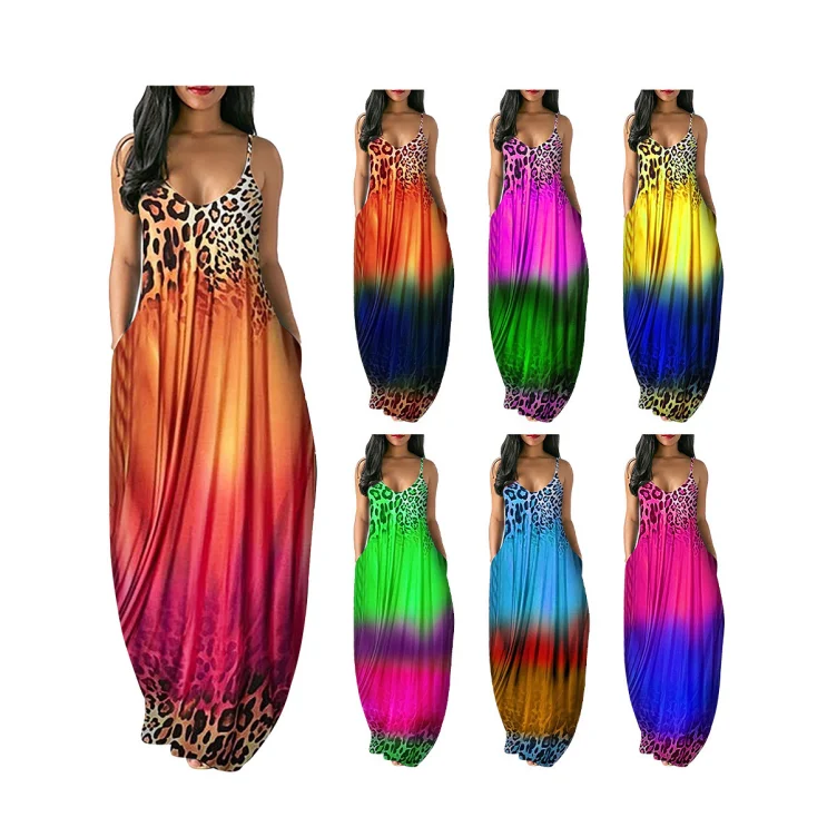 

E-D8845 Newest Design Womens Sleeveless Strap Maxi Dresses For Summer Leopard Print Loose Long Dress, As pictures