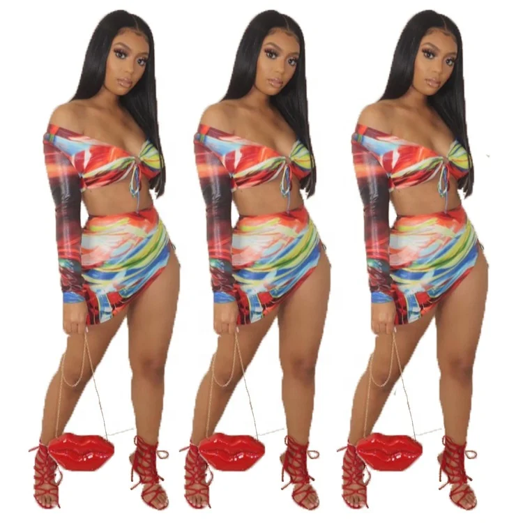 

B64225A 2021 new European and American cross-border summer long sleeves off shoulder fashion printed two-piece set, As picture