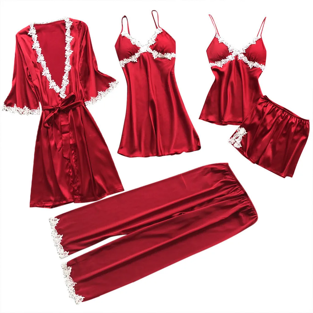 

5PC Silk Robe Sleep Suit Womens Lace Satin Pajamas Gown Set Sexy V-Neck Night Gown Pajamas Sets D0481, Photo