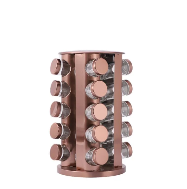 

Rose Golden Glass Spice Jars Spice Holder with Stainless Steel Rotatable Stand 20 bottle