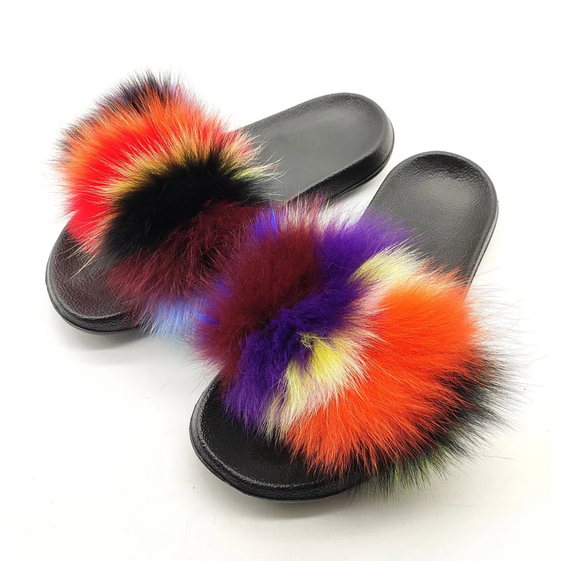 

Hot Selling Custom Genuine Raccoon Fur Slippers Women Fox Fur Slides Slippers, Colours
