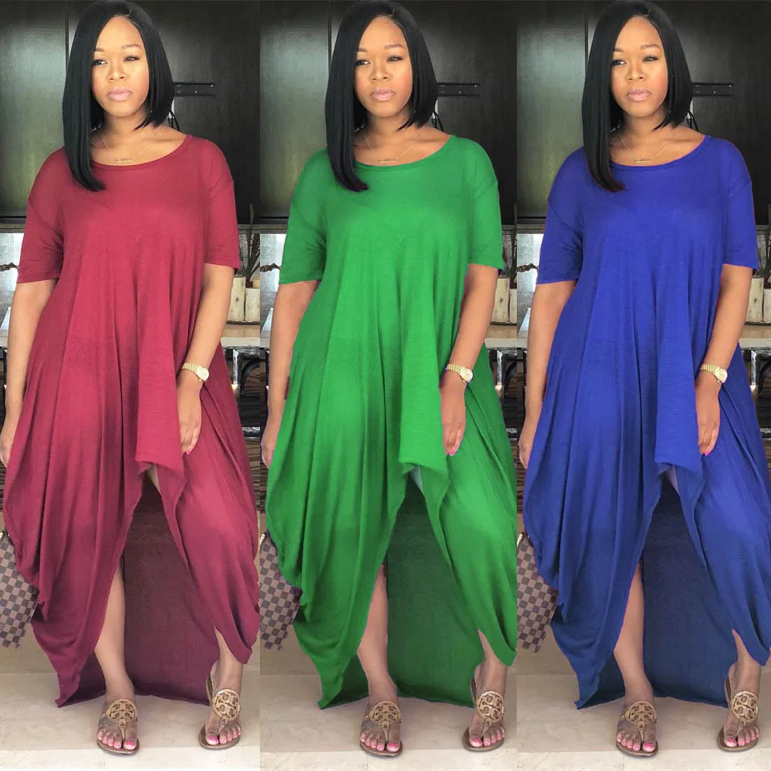 

2021 Plus Relaxed Women Dress Short Sleeve Pleated Round Neck Solid Plus Size Lounge Wear Women Irregular Casual Maxi Dress, Grey