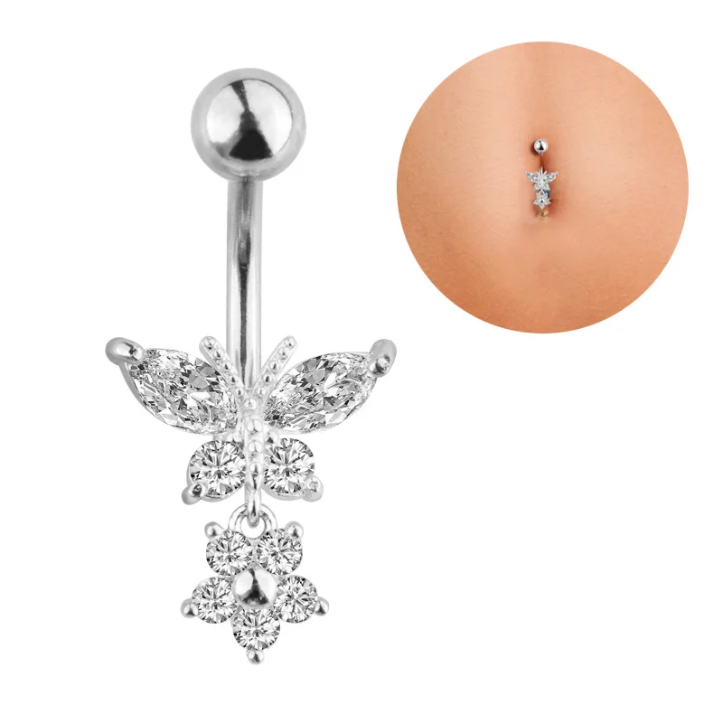 

Women Sexy Body Jewelry 316l Surgical Steel Navel Rings Piercing Clear Crystal Butterfly Belly Button Ring, As picture