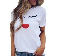 

European and American eyelash lips printed circular short sleeve leisure women's pure cotton T-shirt