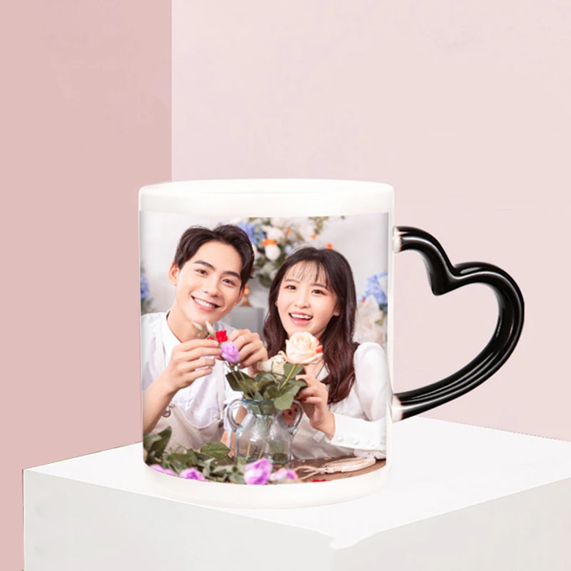 

Wholesale Ceramic color change mug sublimation coffee heart handle couple mug, Black