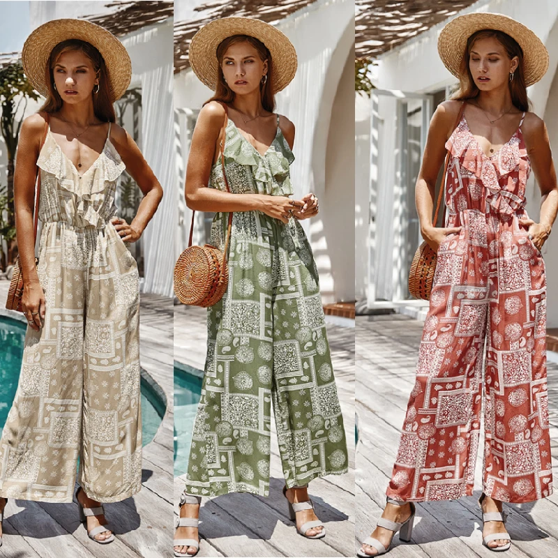 

Mutongyi One Piece Jumpsuit for Women Summer Fashion Print Floral Deep V Casual Jumpsuit Wide Leg Jumpsuits