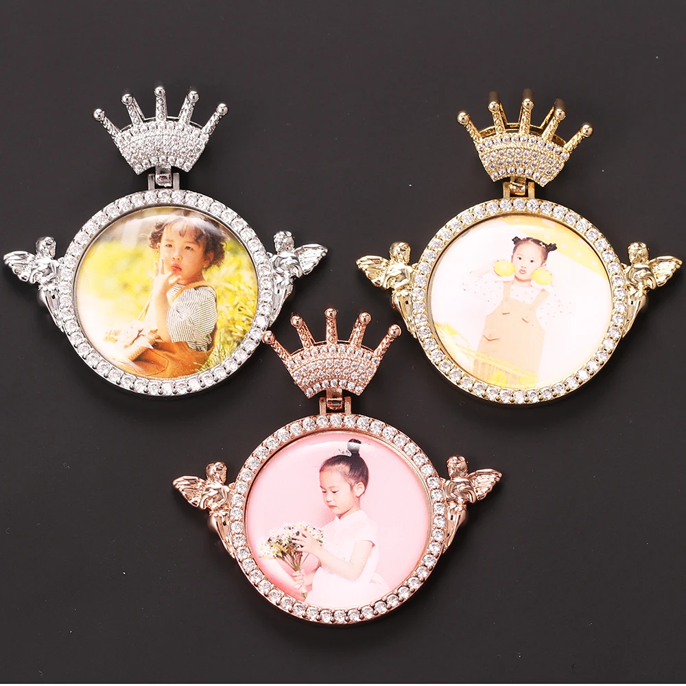 

Commemorative Memory Fashionable Design Custom Crown Angel Photo Frame Pendant Hip Hop Necklace Jewelry For Women Men