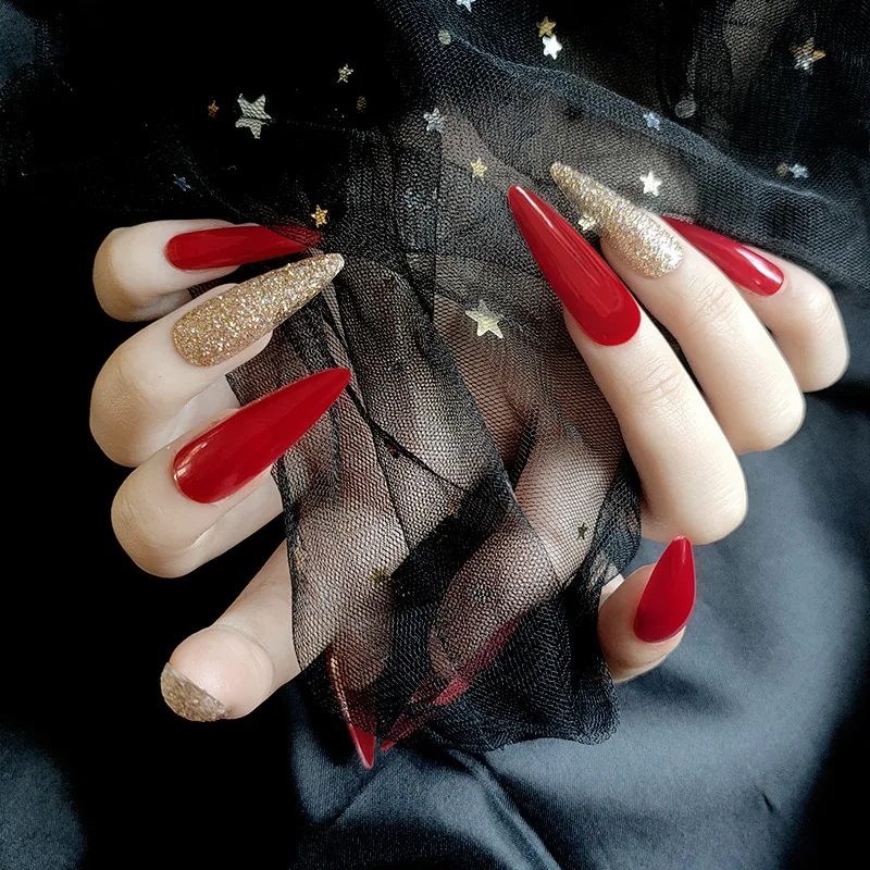 

New Arrival EU USA hot sales long stiletto Wine red Glitter water-drop press on nails false nails long