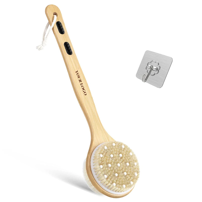 

Long Handle Double-sided Wet Or Dry Shower Brush/ Wooden Bath brush With Soft And Stiff Bristles, Natural colours