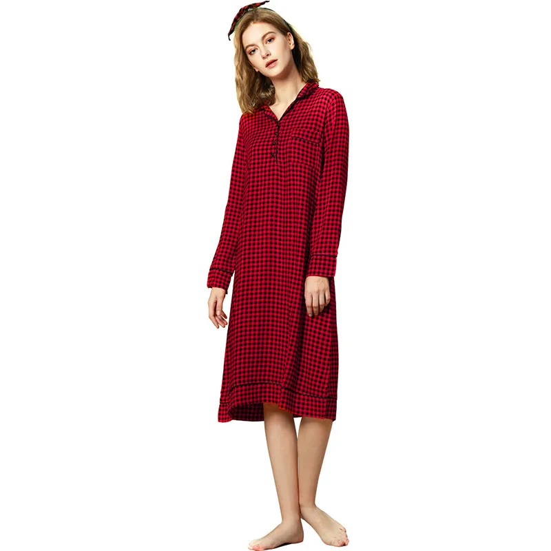 

Plaid Lapel Luxury Long Nightdress Cuffs Pleated Pajamas Factory Directly Provide Summer Red Women Nightgown Soft Sleepwear Sets