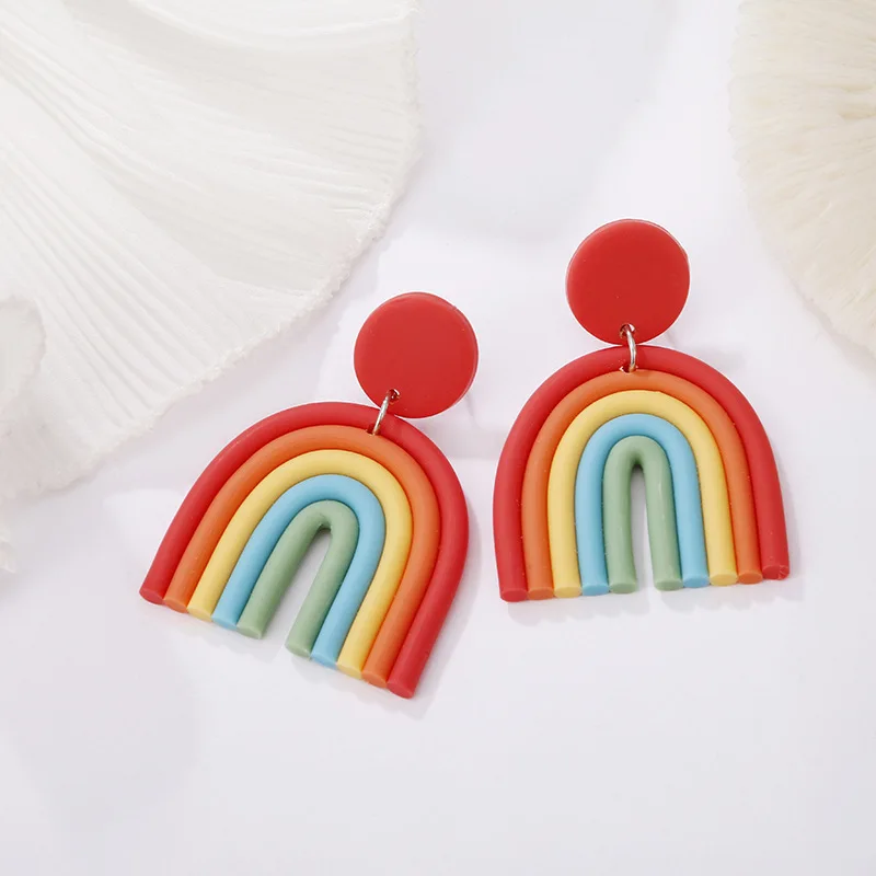 

Simple soft sweet girl geometric U shaped stud clay earrings polymer handmade rainbow summer earrings