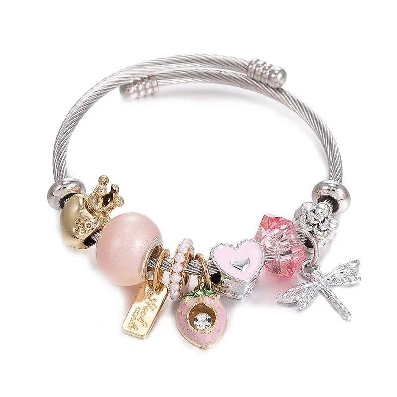

New Designer Pink Crystal Stainless Steel Bangle Charm Bracelet, As picture