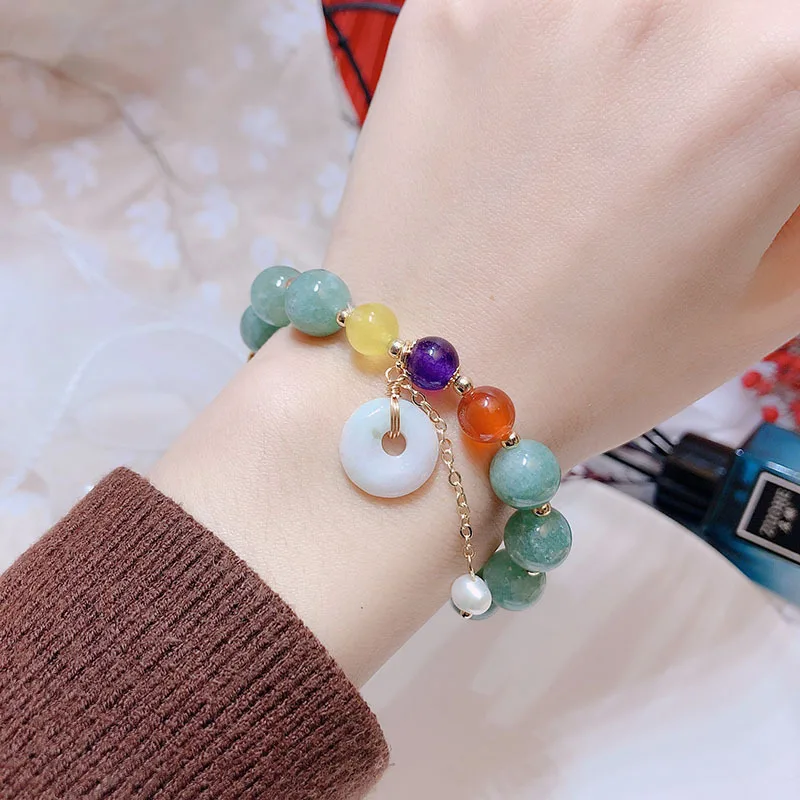 

New retro jade bracelet female gourd safe buckle agate beaded bracelet ethnic green jewelry