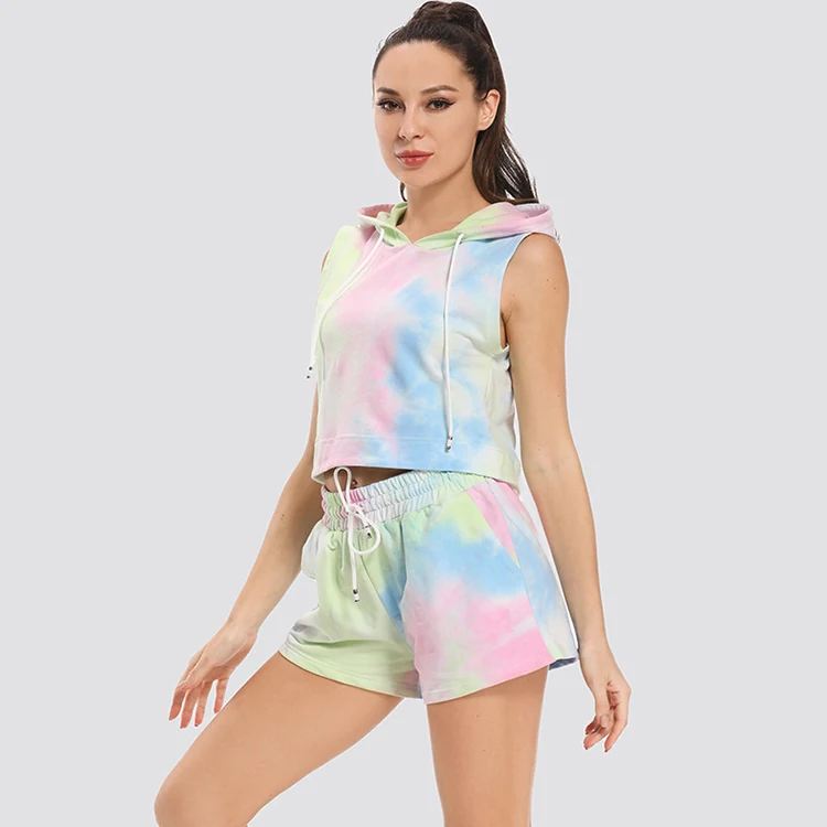 

New Stylish Sports Sleeveless Hooded Sweat Suit Tie-Dyed Running Fitnesss 2 Piece Shorts Set
