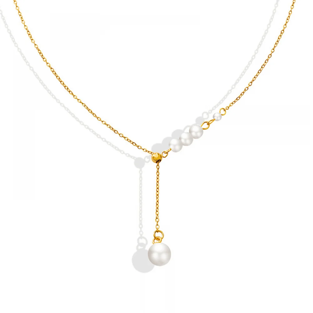 

New Trendy Women Jewelry Gold Plated Stainless Steel Long Dangle Single Imitation Pearl Pendant Necklace