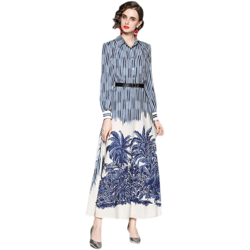 

European and American Women Fashion Turn Down Collar Button Top Printing Long Sleeve Pleated Dress, Print