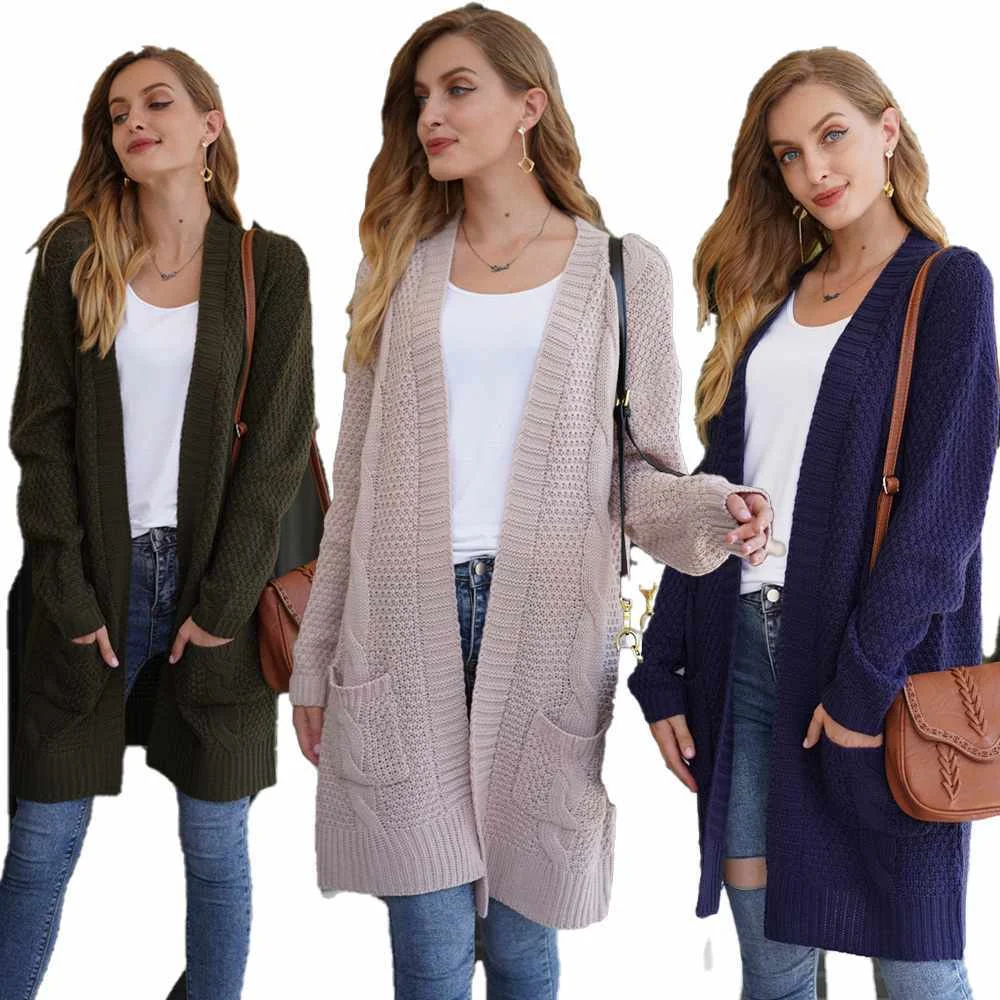 

Mzl's Love Fall Winter New Plus Size Long Knit Cardigan Twisted Rope Knitted Women's Solid Color Sweater Jacket