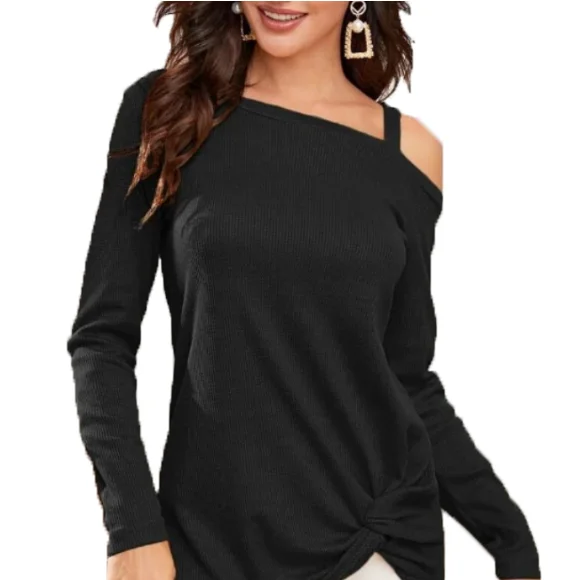 

2020 women's sweaters plus size sweaters Black Long Sleeve Cold Shoulder Sweater, Picture color