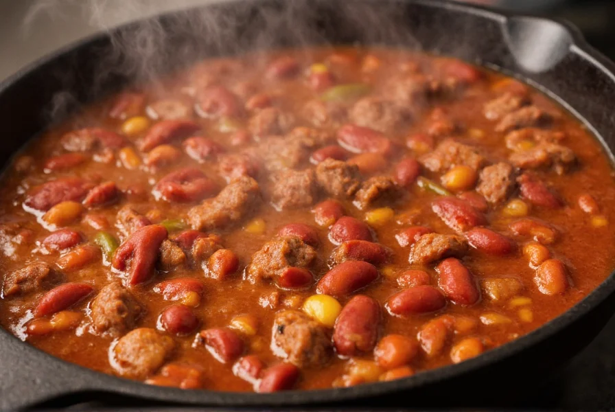 Close-up of simmering beef and bean chili in cast iron pot with steam rising, vibrant red color, visible beans and meat chunks