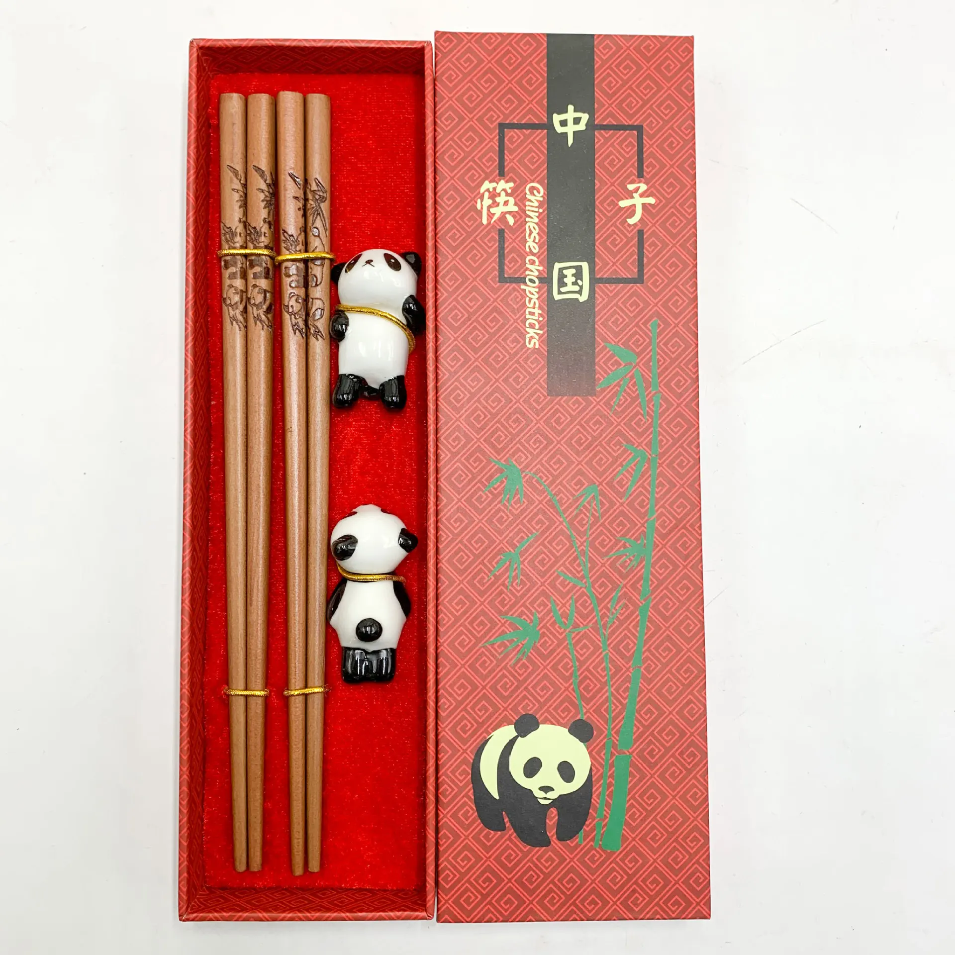 

Wholesale Chinese chopsticks gift box with panda ceramic rack couple chopsticks Reusable Dishwasher-safe for eating cooking gift