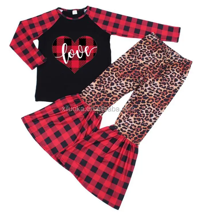 

Wholesale Kids Clothes Plaid Long Sleeve Ruffles Girl Valentine Outfit