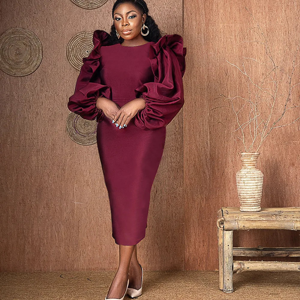 

AM211127 Spring Long Lantern Sleeve Midi Ruffles Wedding Party Dress Plus Size Women Burgundy Dress Elegant Evening Dresses