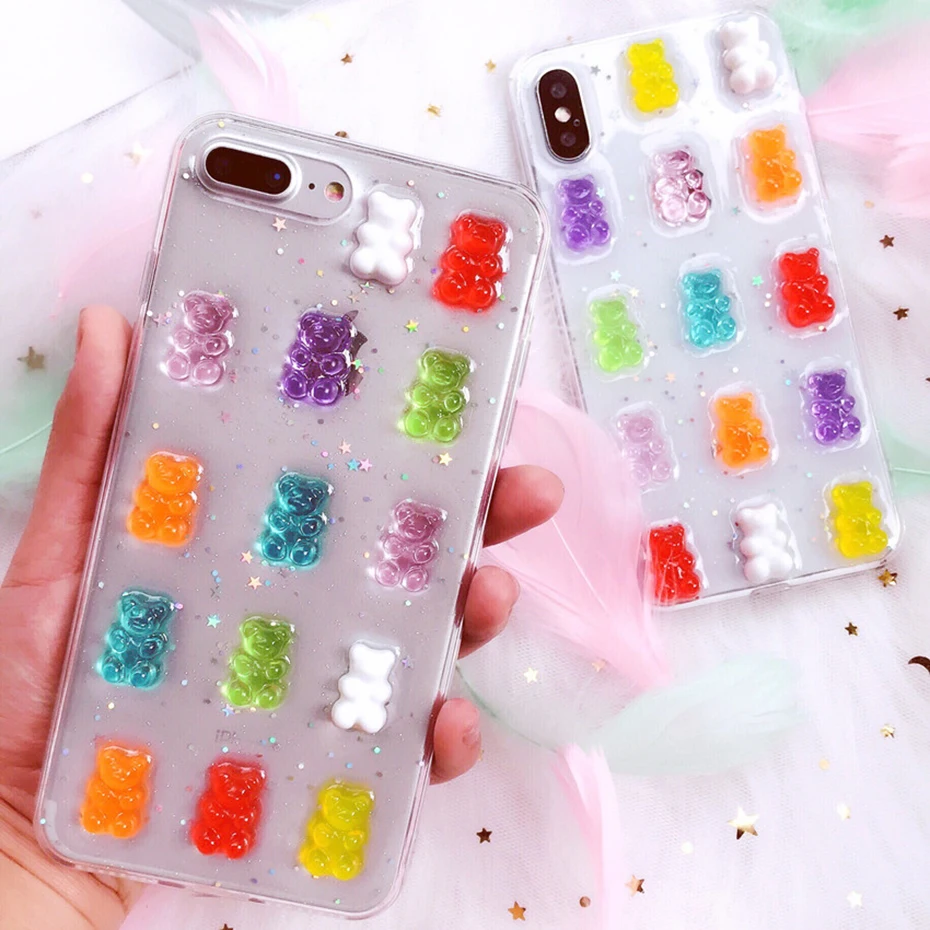 

Cute 3D Candy Colors Bear Phone Case for iphone X XS Max XR 8 8plus 7 7Plus 6 6S plus 11 Pro Max Se Glitter Soft Cover