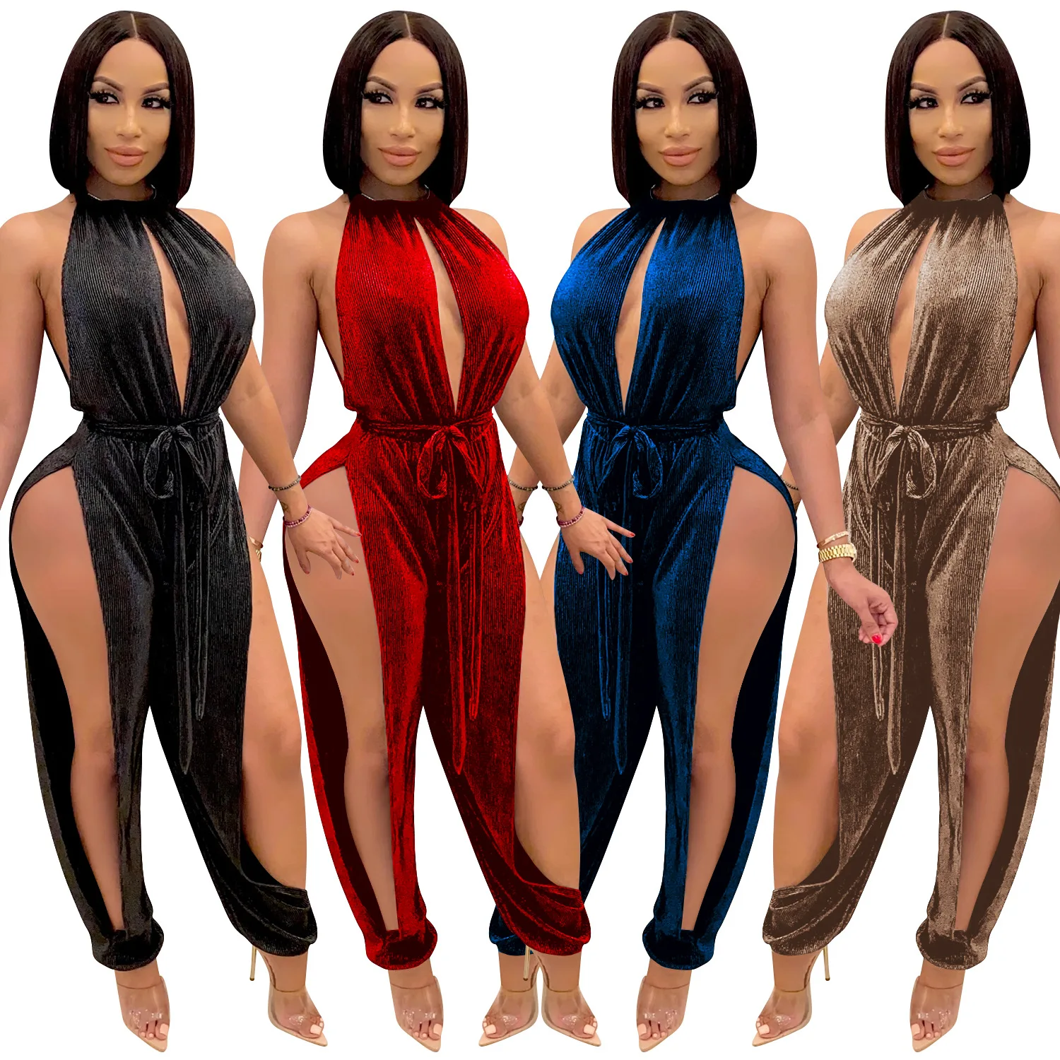 

2021 New Arrivals Cotton Solid Color Stylish Summer Sexy Hollow Out Sleeveless Stretchy Belted Women Jumpsuits And Rompers