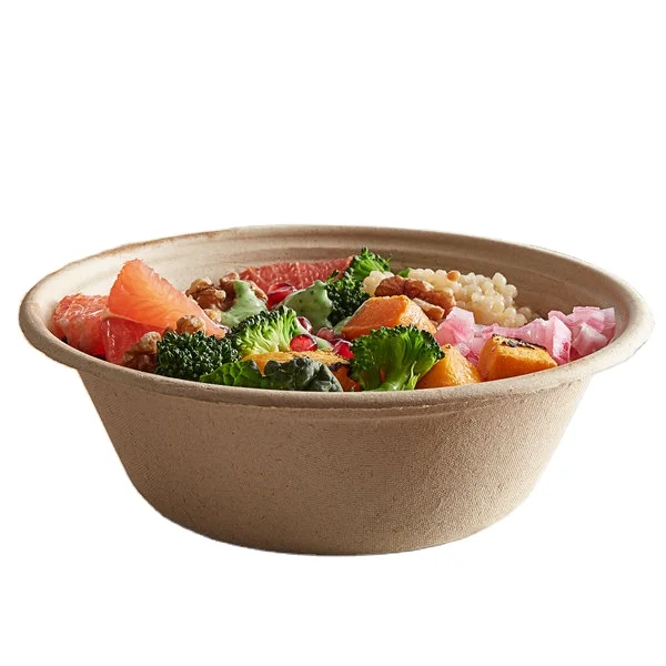 

Disposable 32 OZ Unique Biodegradable Sugarcane Bagasse Salad Bowl for takeout food, White or natural